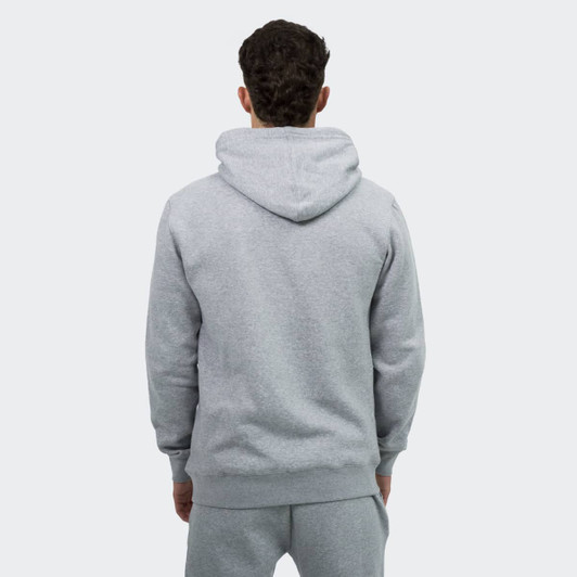 A unisex hoodie in grey with a kangaroo pocket and a hood, featuring a logo on the back.
