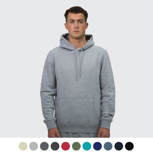 A unisex hoodie in grey, featuring a front pocket and a hood, displayed with various colour options below.