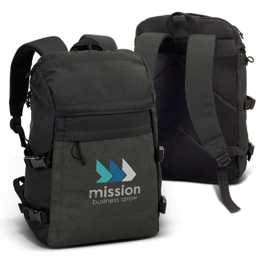 A stylish dark green backpack featuring a logo and adjustable straps, with a padded back for comfort.