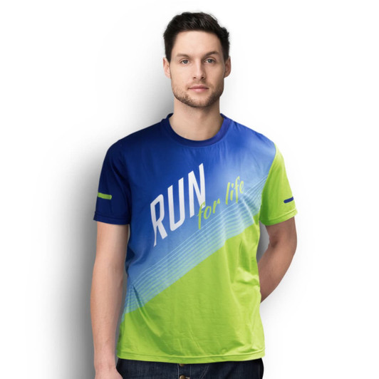 A men's sports t-shirt featuring a blue and green gradient design with a logo on the front.