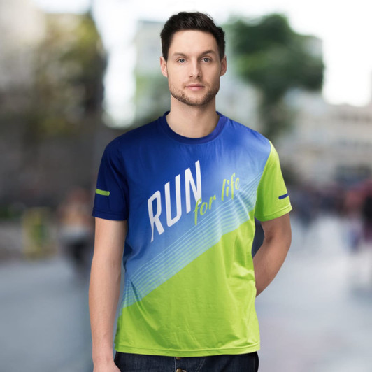 A men's custom sports T-shirt in blue and green with a logo, featuring a sporty design and short sleeves.