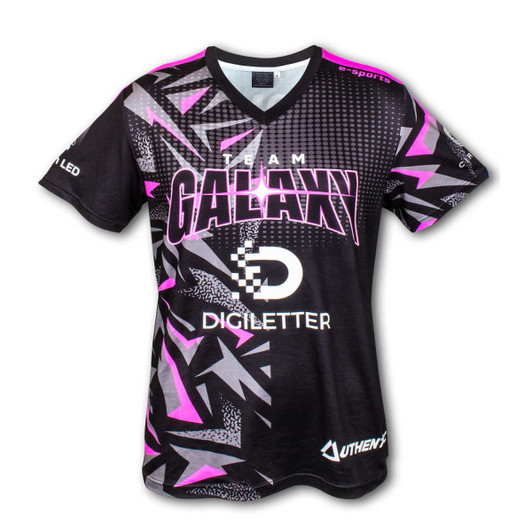 A black and pink men's sports V-neck T-shirt with geometric patterns and a logo.