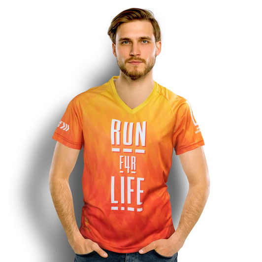A vibrant orange and yellow men's performance V-neck T-shirt featuring a logo.