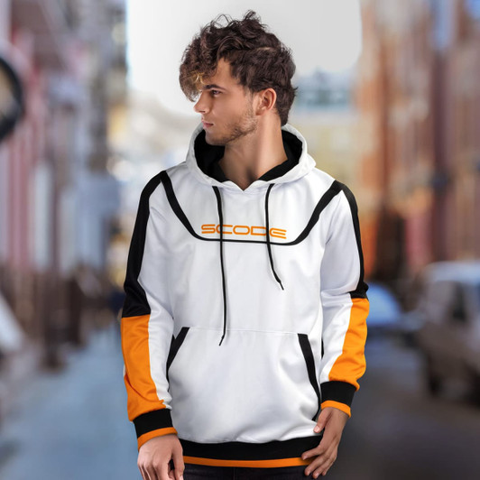A custom men's sports hoodie in white and orange with a logo, featuring a drawstring hood and kangaroo pocket.