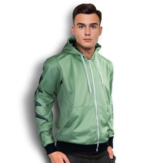 A mens sports zipped hoodie in light green, featuring a front pocket and a logo on the sleeve.