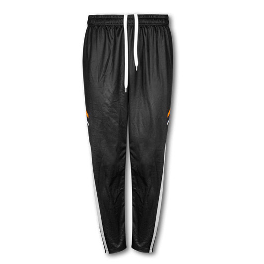 Black track pants featuring white stripes and orange accents, with an elasticised waistband and a logo.