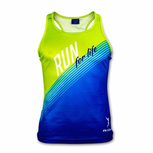 A vibrant green and blue women's sports singlet with a logo and bold "RUN for life" text.