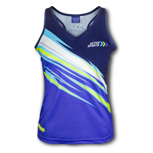 A custom women's performance singlet in blue with vibrant green and white stripes, featuring a logo.