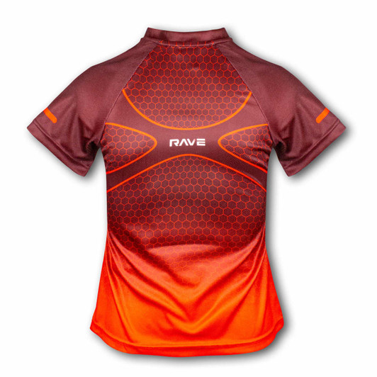 A women's performance t-shirt in maroon and orange, featuring a geometric pattern and a logo on the back.