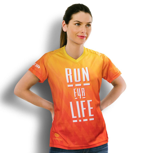 A women's performance V-neck T-shirt in an orange gradient with a logo, featuring a bold slogan on the front.