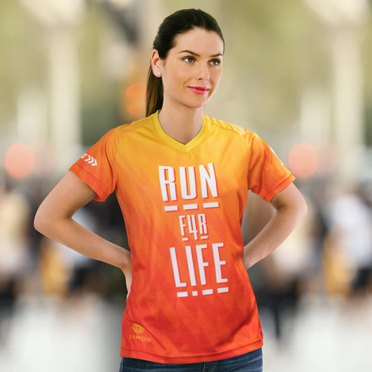 A women's performance V-neck T-shirt in gradient orange with a logo.