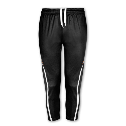 Black women's sports pants with white stripes and an elastic waistband, featuring a logo on the front.