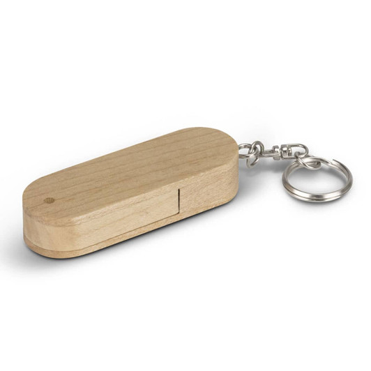 A wooden 8GB flash drive with a smooth finish and silver keychain attachment.