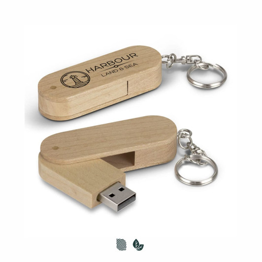 A wooden 8GB flash drive in a keychain design, featuring a logo and a USB connector.