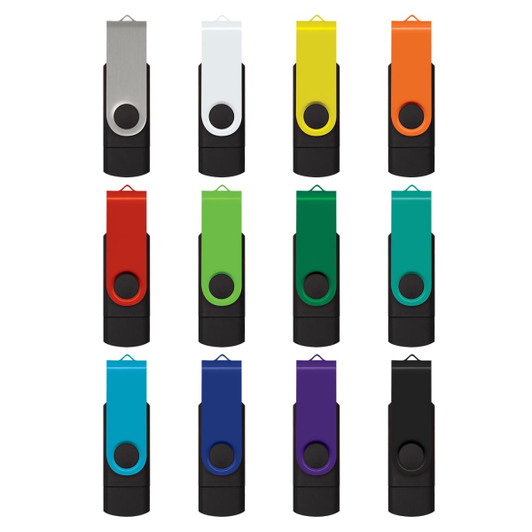 A collection of Helix 16GB dual flash drives in various colours, featuring a black base and a metallic or coloured top.