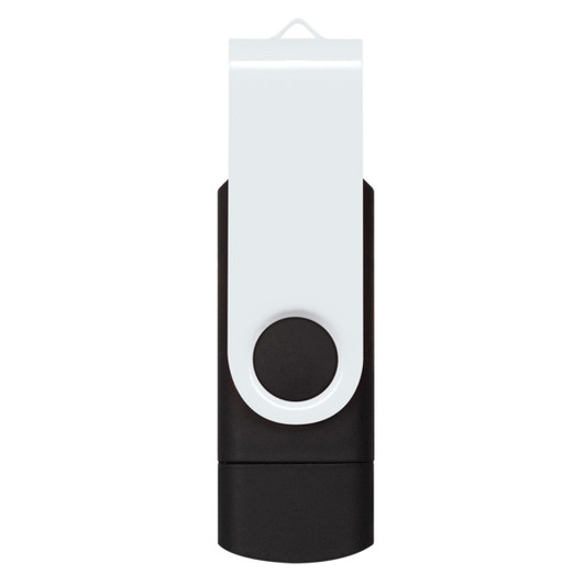 A dual flash drive in black and white, featuring a clip design and a circular button, with a logo present.
