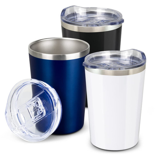 A drink bottle set featuring a white, black, and navy blue vacuum cup with clear lids and stainless steel interiors.