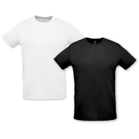 A pair of unisex t-shirts in white and black, featuring a simple design and short sleeves. Both shirts have a logo.
