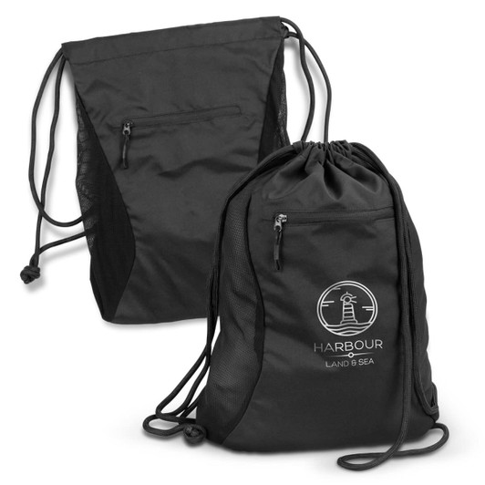 A black drawstring backpack featuring mesh sides and a front zippered pocket, with a logo on the front.