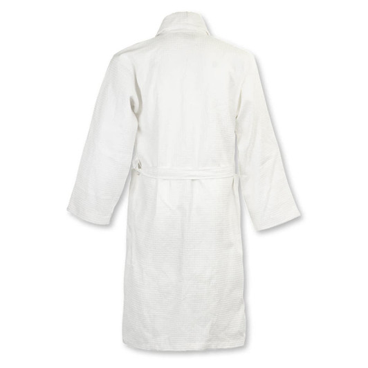 A white waffle bathrobe with long sleeves and a belt, featuring branding on the back.