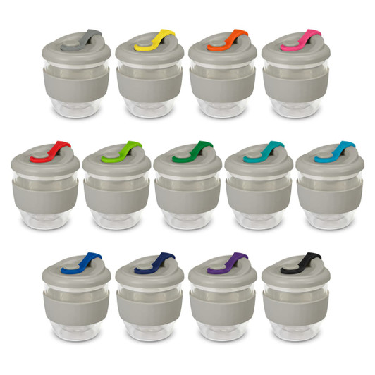 A set of Valencia Cups in various colours, featuring transparent bases and grey lids with coloured hooks.