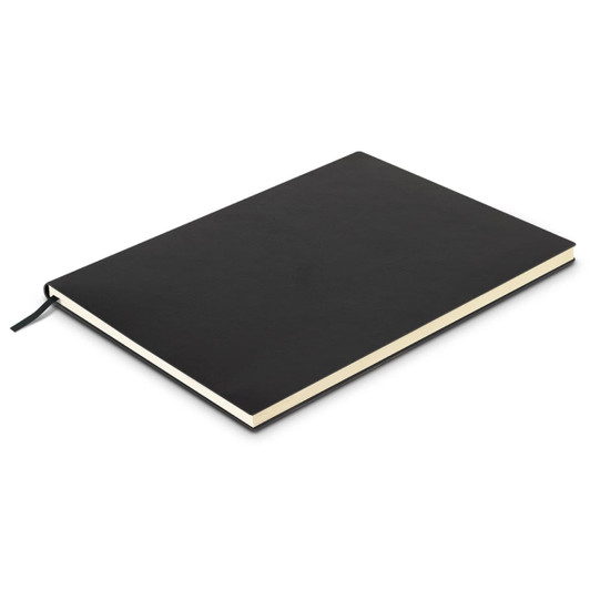 A large black soft cover notebook with a ribbon bookmark and cream-coloured pages. It has a logo on the cover.