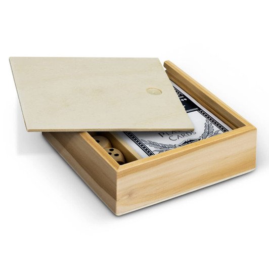 A wooden card game set box, featuring a lid and containing cards and dice. The wood is light in colour.