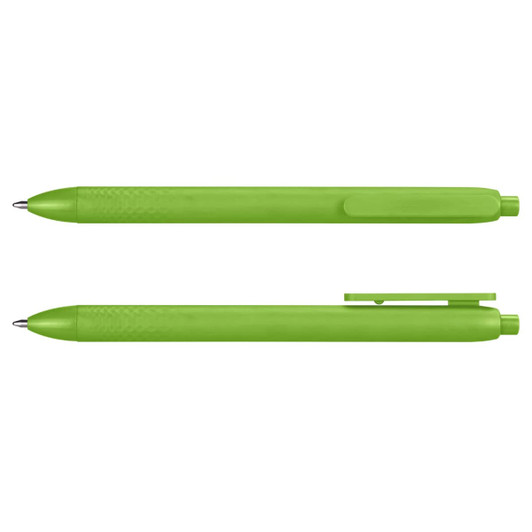 A green pen with a textured grip and a clip. The pen has a sleek design and a branding logo on it.