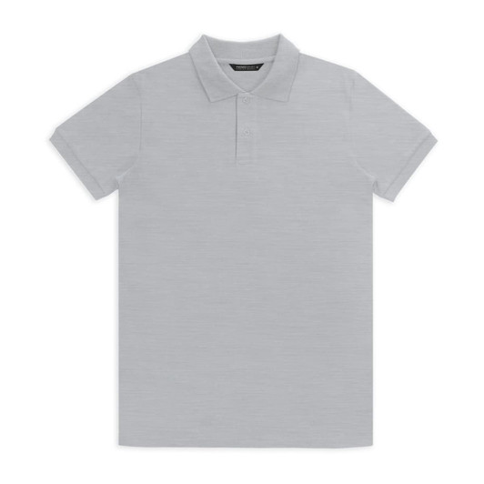 A light grey polo shirt with a classic collar and short sleeves, featuring a logo on the chest.
