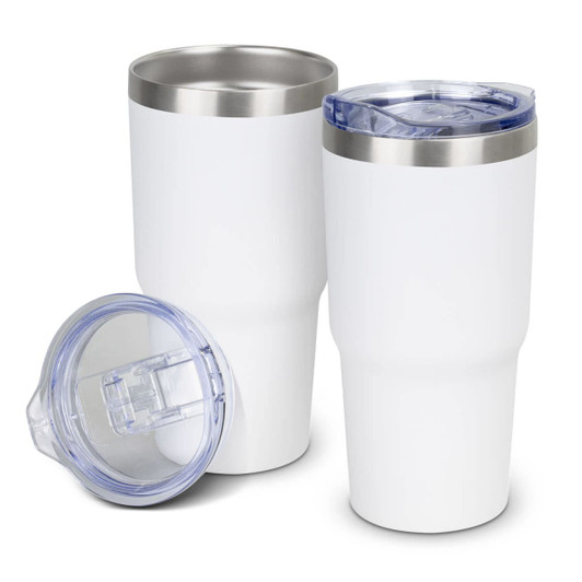 A drink bottle set featuring two white insulated tumblers with stainless steel accents and clear lids.