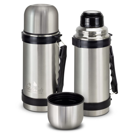 A drink bottle featuring a stainless steel finish, complete with a handle and a detachable cup. It has a logo branding.