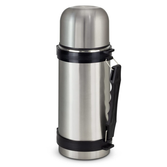 A drink bottle with a stainless steel body, black handle, and a screw-top lid. It features a logo on the body.