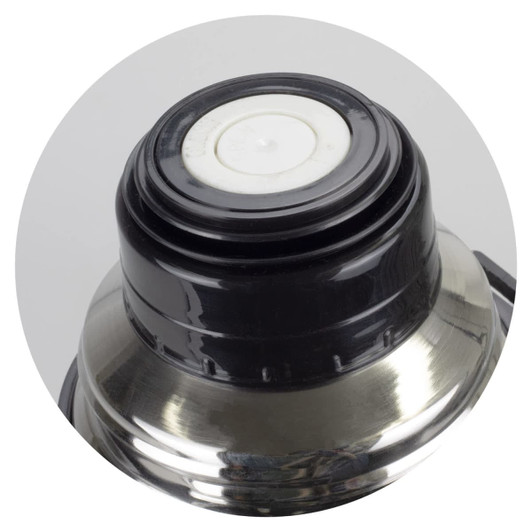 A drink bottle with a black and silver design, featuring a round cap and a glossy finish, with a logo on it.