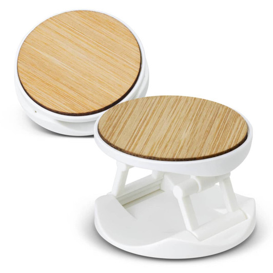 A bamboo and white phone holder with a sleek, modern design, featuring a circular bamboo surface.