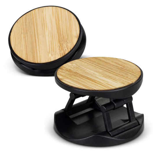 A bamboo phone holder featuring a circular bamboo top and a black base, positioned in two angles.