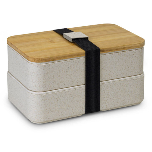A stackable lunch box in a light grey colour with a bamboo lid and secured by a black strap.