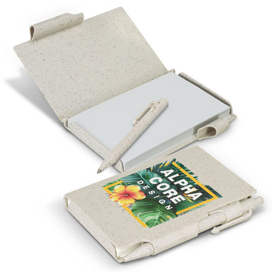 A natural-coloured notebook with a pen, featuring a simple design and a logo on the cover.