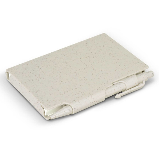 A natural-coloured pocket notebook with a textured finish and a pen attached, featuring a logo.