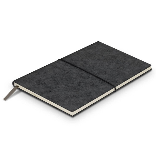A grey RPET felt soft cover notebook with an elastic band and a ribbon bookmark, featuring a logo.