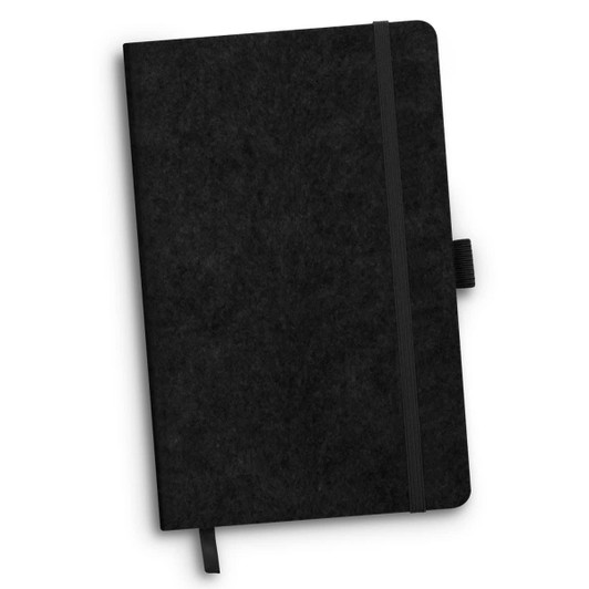 A black RPET felt hard cover notebook with an elastic band and a ribbon bookmark. Features a logo on the cover.
