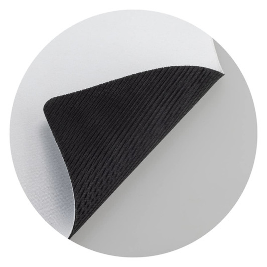 A desk mat featuring a grey top surface and a textured black underside, designed for office use.