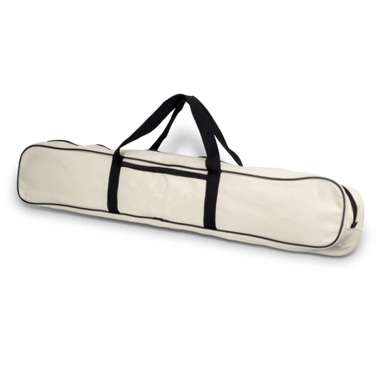 A cricket set bag in cream with black straps, designed for carrying cricket equipment, featuring a logo.