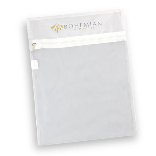 A translucent white mesh laundry bag with a zip closure and a logo at the top.