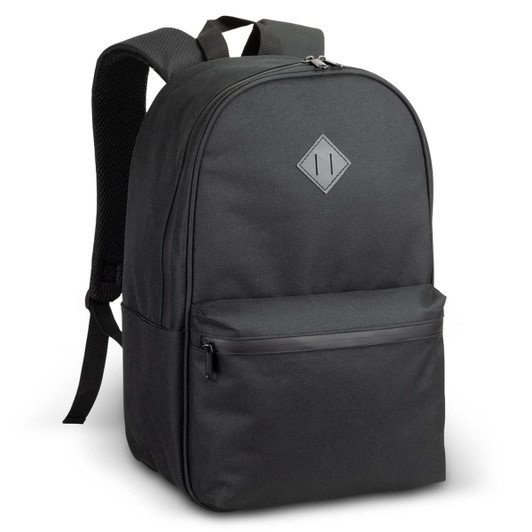 A black backpack with a smooth finish, featuring a front pocket and a logo on the front.