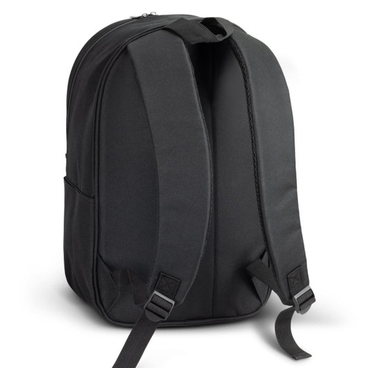 A black backpack with padded straps and a spacious compartment, featuring a logo on the side.