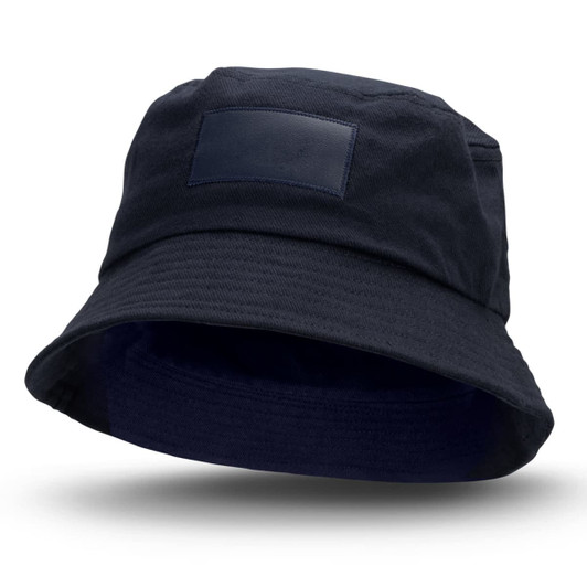 A navy bucket hat with a patch area, featuring a wide brim and a relaxed fit.