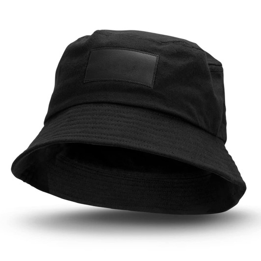 A black bucket hat featuring a patch, showcasing a wide brim and a simple design.