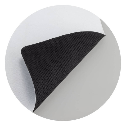 A mouse mat featuring a textured black underside and a smooth white surface, designed for office use.
