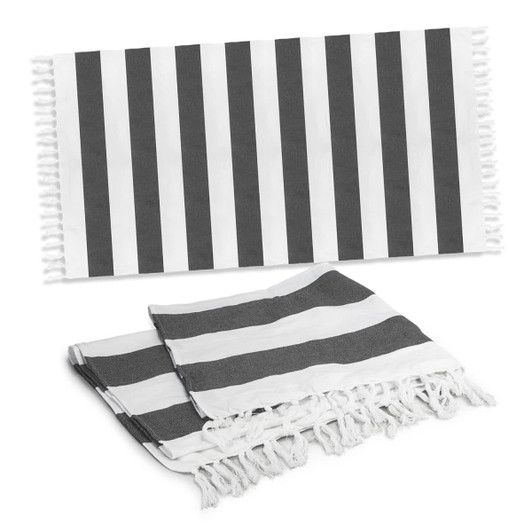 A striped black and white cotton towel with tassels, featuring a flat and folded design.