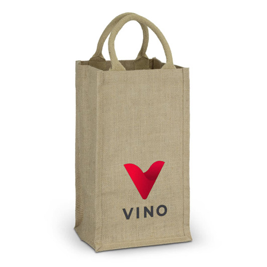 A jute wine carrier in natural brown with two handles, featuring a logo on the front. Holds four bottles.